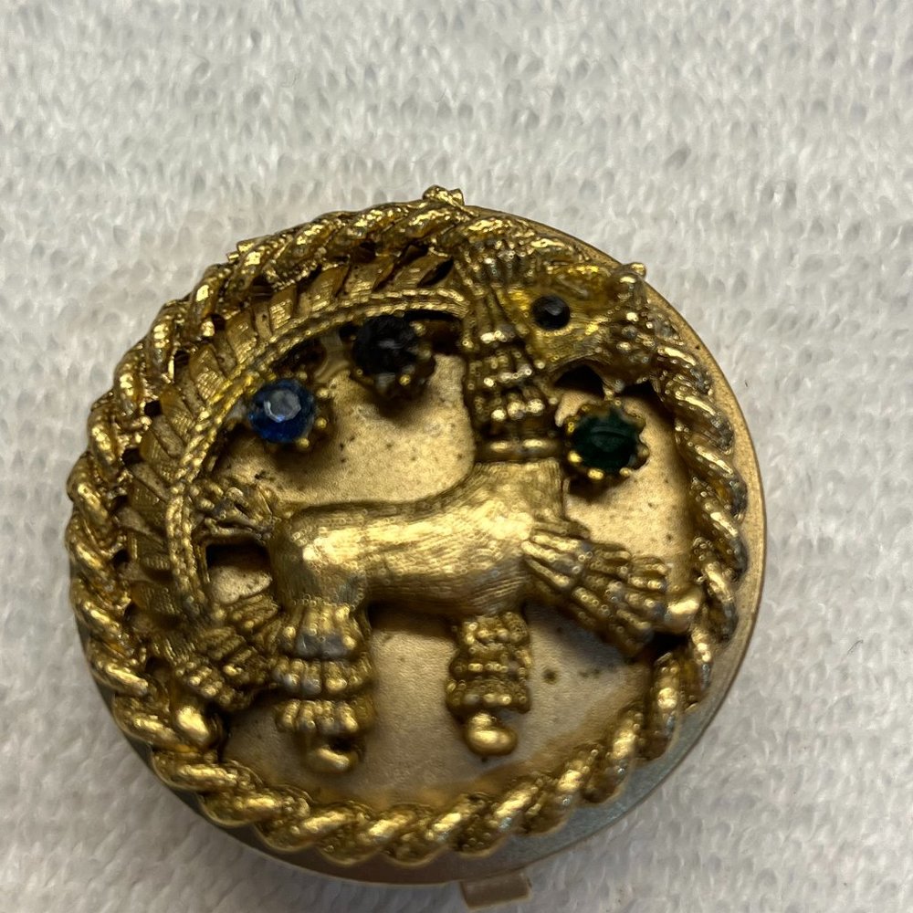 Vintage Antique brass round pill box raised poodle design with stones